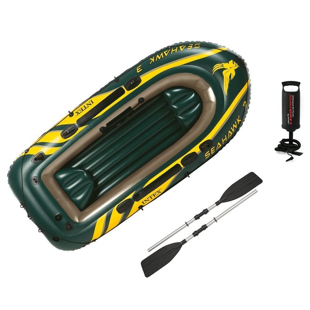 Intex 68380 Port Series Seahawk 3 Inflatable PVC Fishing Boat with Engine Combo Set for Lake Drifting Outdoor Sport Use
